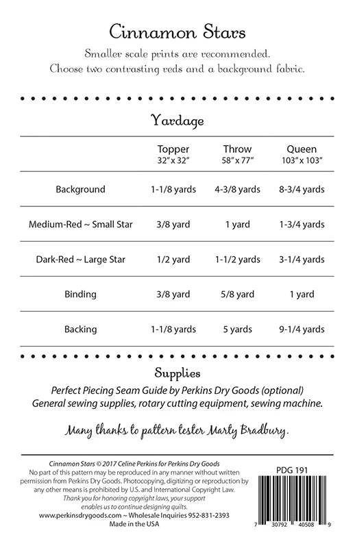 Back of the Cinnamon Stars Quilt Pattern by Perkins Dry Goods