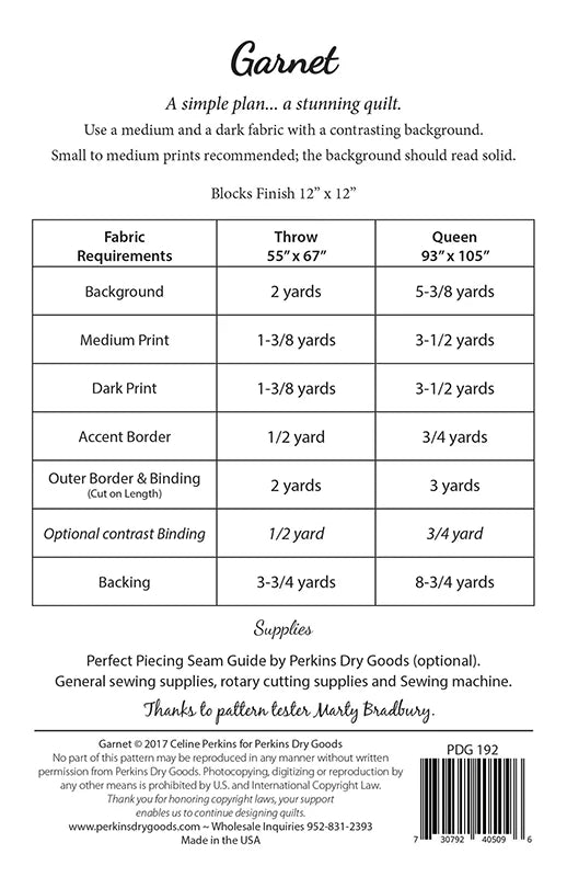 Back of the Garnet Quilt Pattern by Perkins Dry Goods