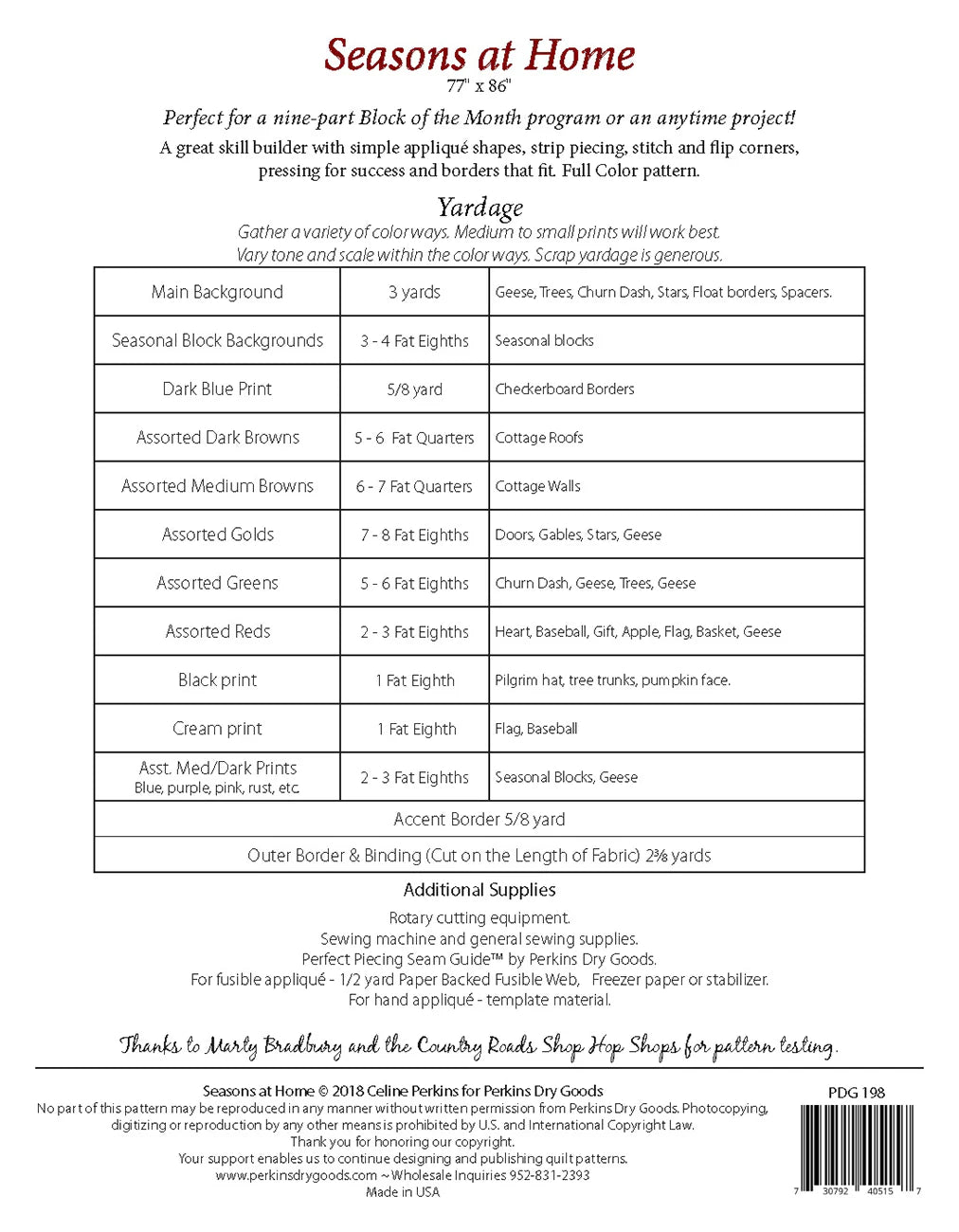 Back of the Seasons at Home BOM by Perkins Dry Goods