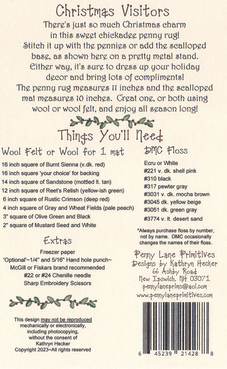 Back of the Christmas Visitors Pattern by Penny Lane Primitives