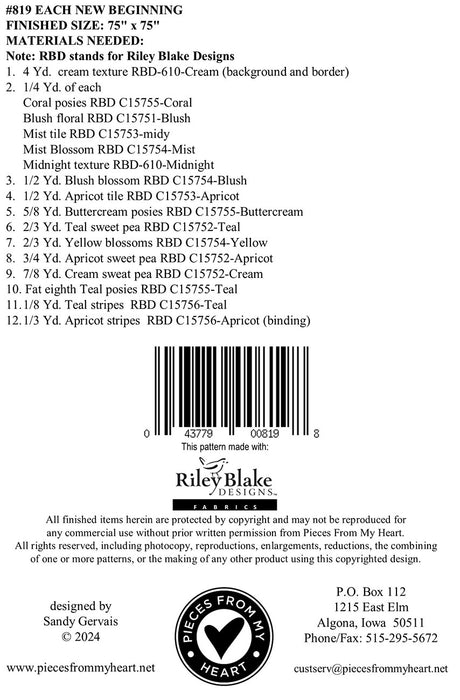 Back of the Each New Beginning Quilt Pattern by Pieces From My Heart