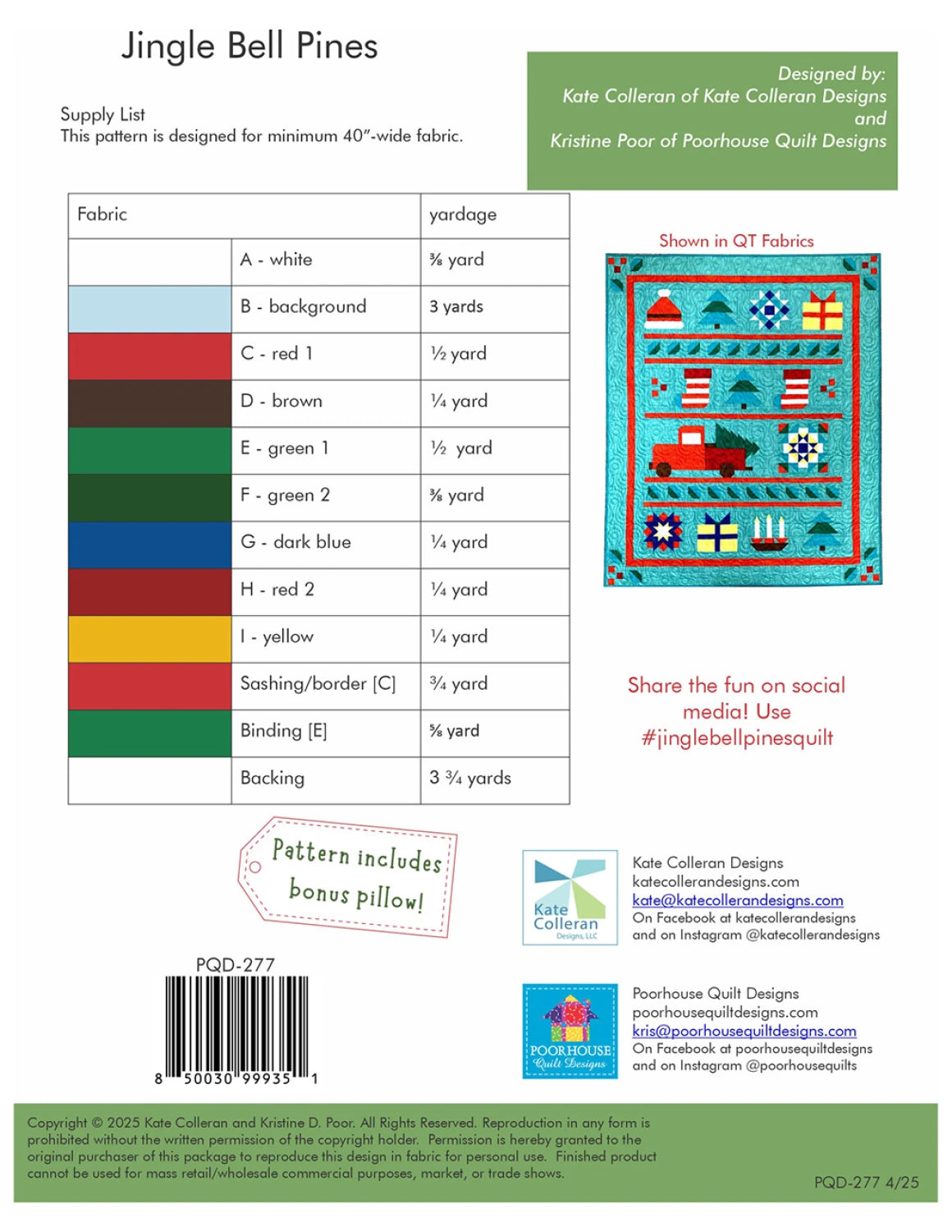 Back of the Jingle Bell Pines Block of the Month Quilt Pattern by Poorhouse Quilt Designs