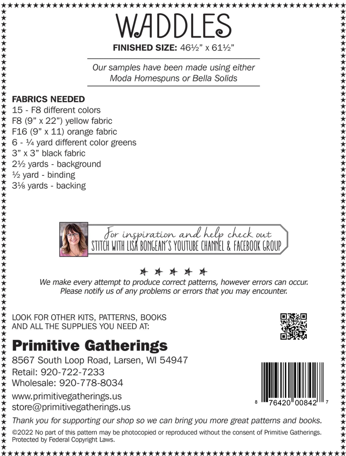 Back of the Waddles Quilt Pattern by Primitive Gatherings