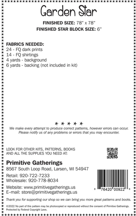 Back of the Garden Star Quilt Pattern by Primitive Gatherings