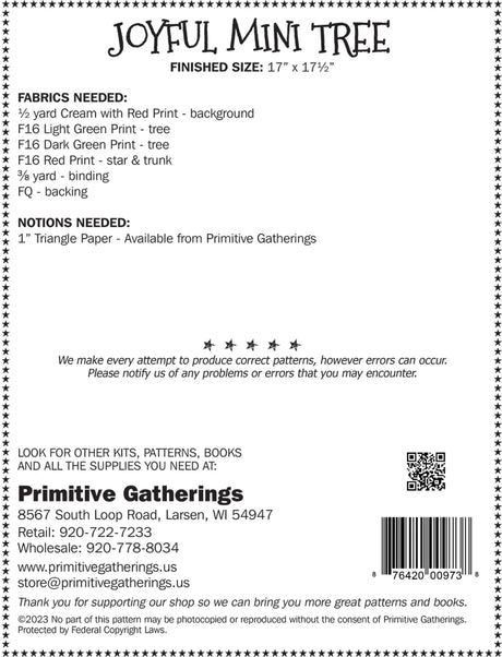 Back of the Joyful Mini Tree Quilt Pattern by Primitive Gatherings