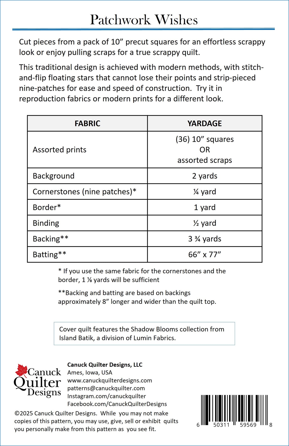 Back of the Patchwork Wishes Downloadable Pattern by Canuck Quilter Designs