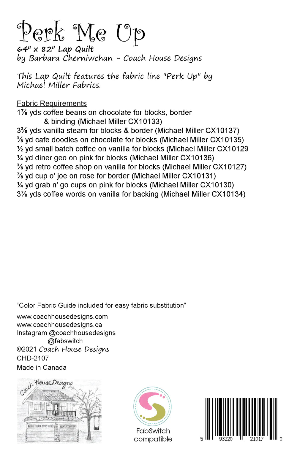 Back of the Perk Me Up Quilt Pattern by Coach House Designs