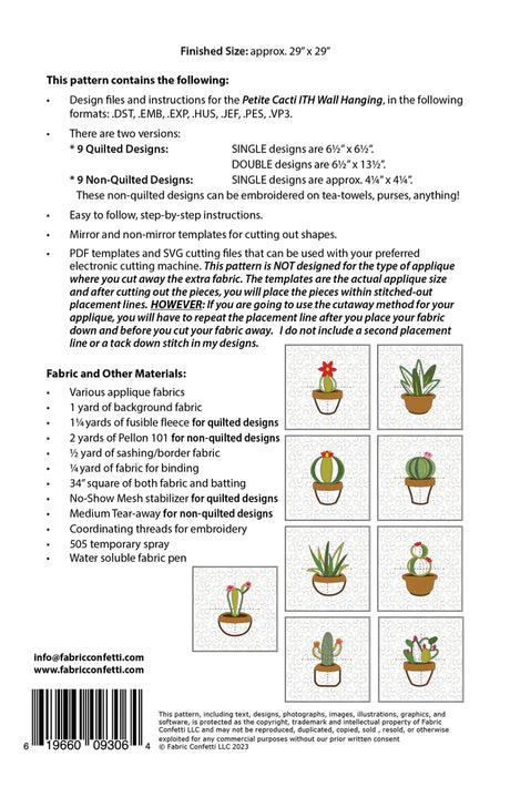 Back of the Petite Cacti Wall Hanging Downloadable Pattern by Fabric Confetti