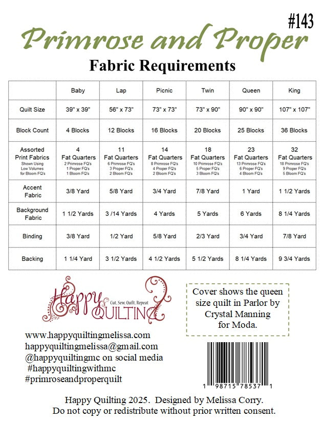 Back of the Primrose and Proper Downloadable Pattern by Happy Quilting Melissa Corry