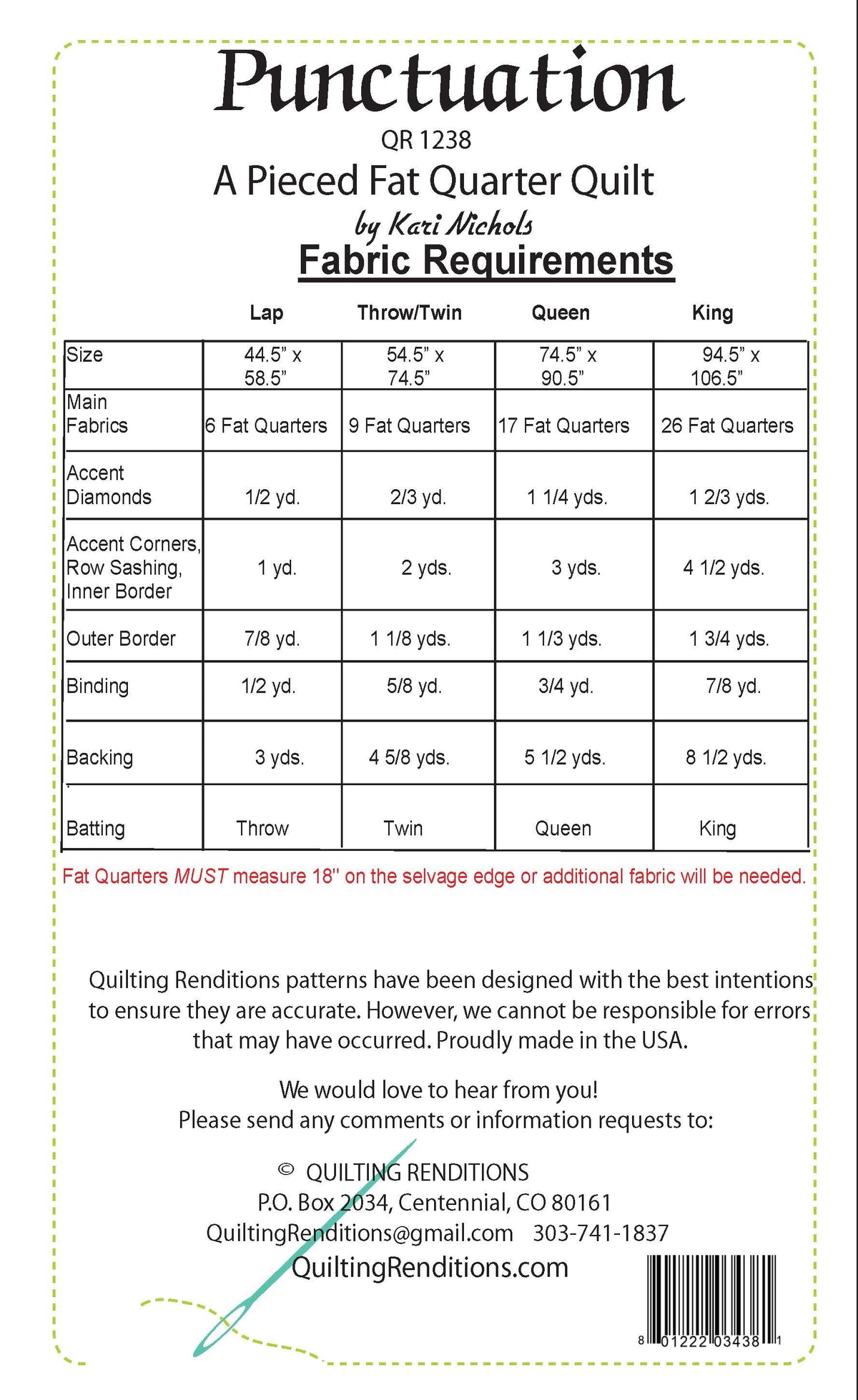 Back of the Punctuation Downloadable Pattern by Quilting Renditions