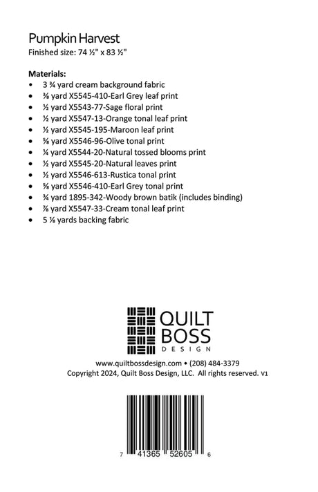 Back of the Pumpkin Harvest Quilt Pattern by Quilt Boss Design