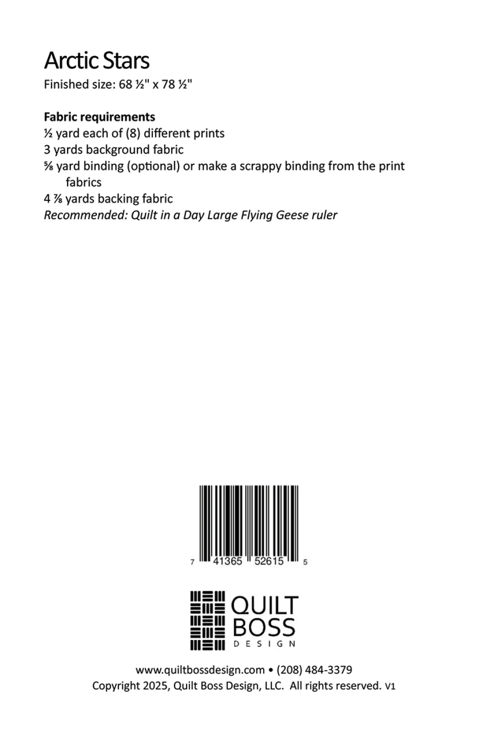 Back of the Arctic Stars Quilt Pattern by Quilt Boss Design