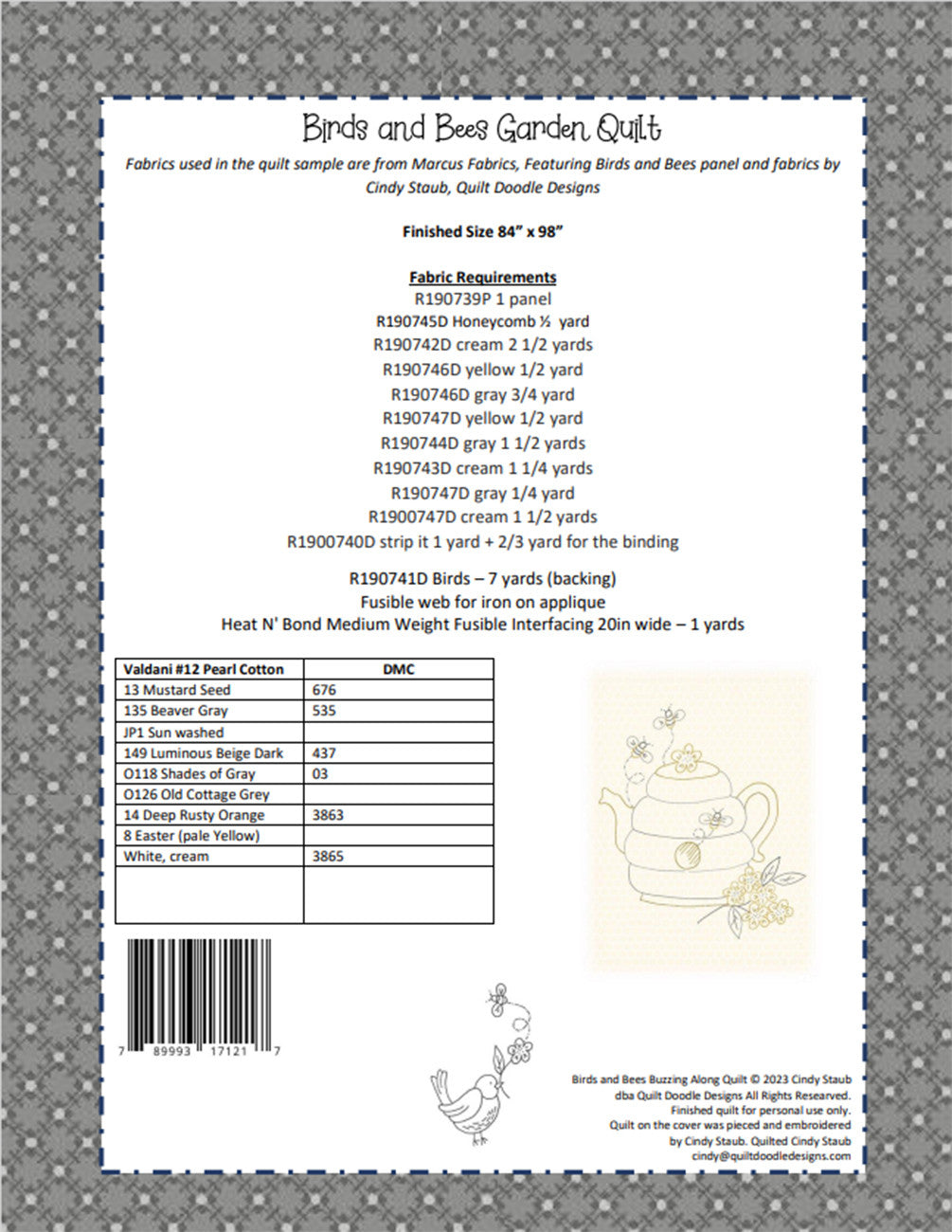 Back of the Birds and Bees Garden Quilt Pattern by Quilt Doodle Designs