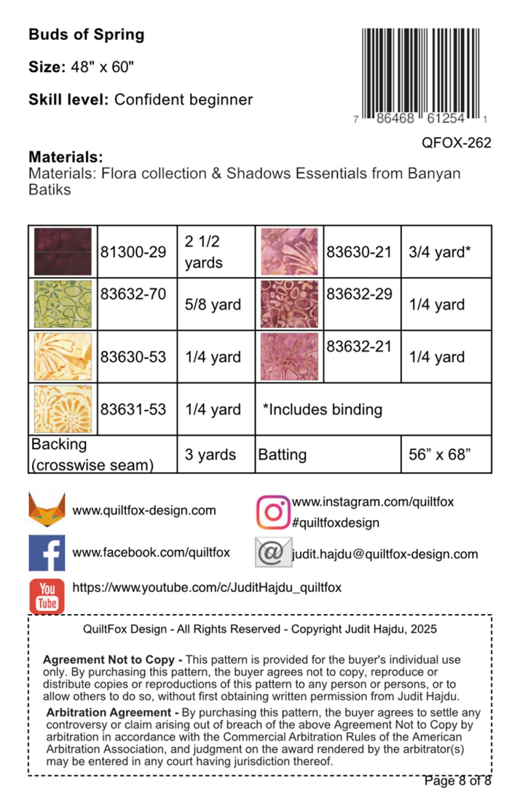 Back of the Buds of Spring Quilt Pattern by QuiltFox