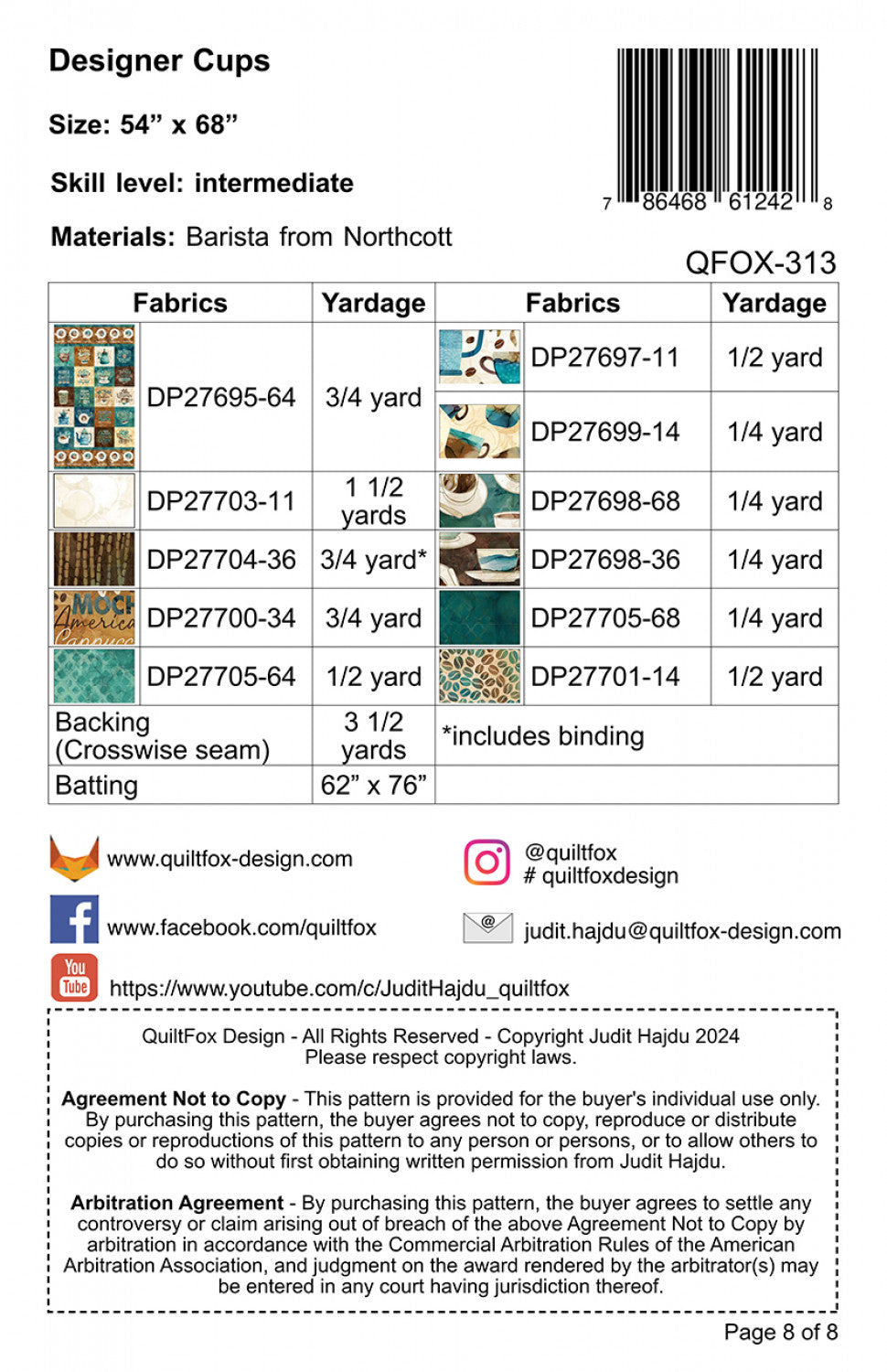 Back of the Designer Cups Quilt Pattern by QuiltFox