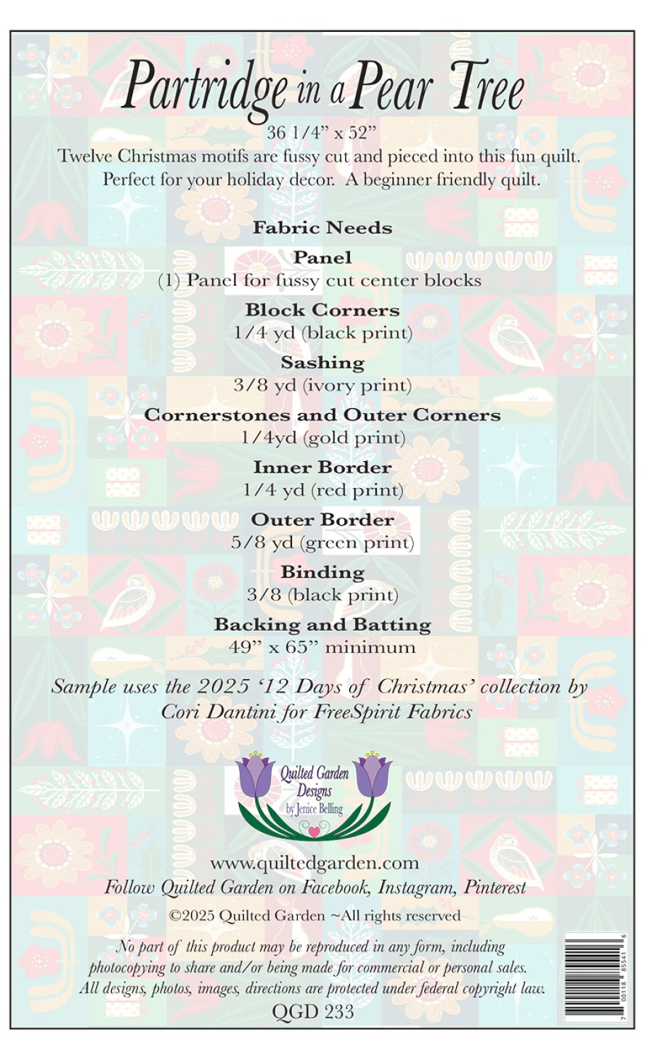 BAck of the Partridge in a Pear Tree Quilt Pattern by Quilted Garden Designs