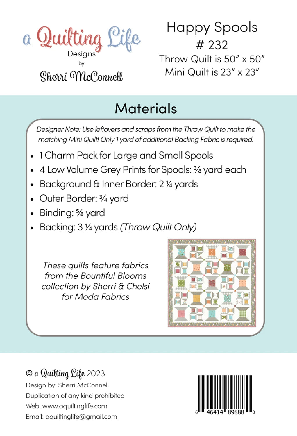 Back of the Happy Spools Quilt Pattern by Quilting Life Designs