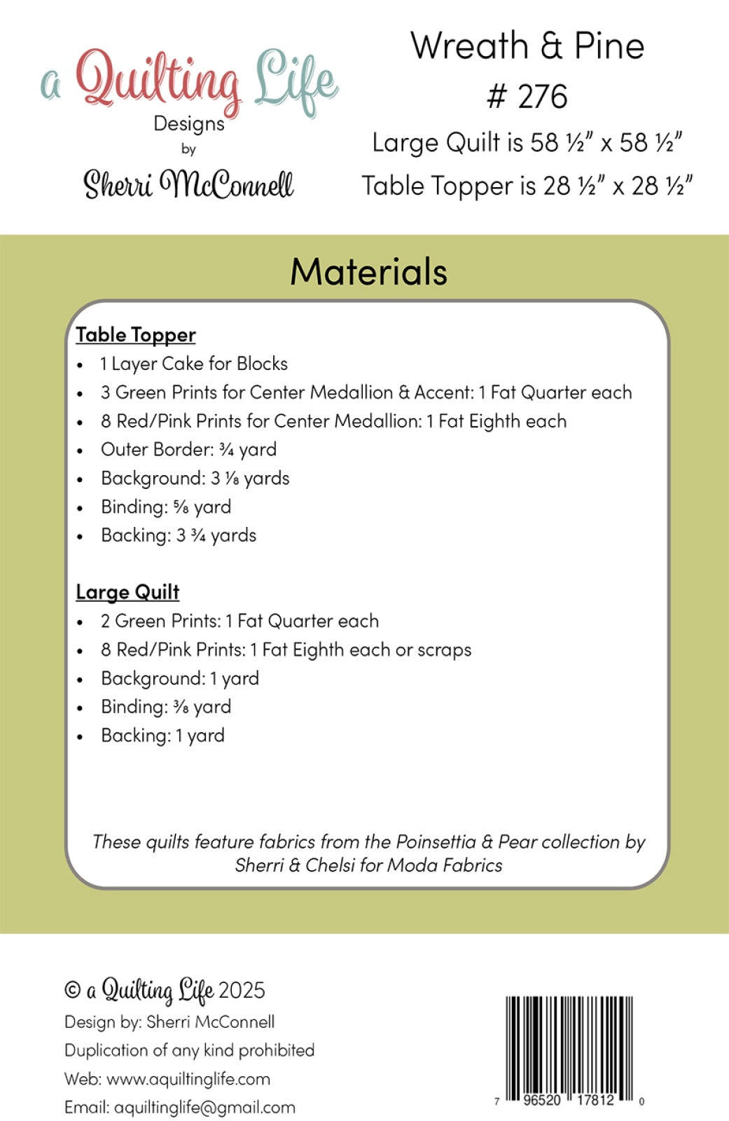 Back of the Wreath & Pine Quilt & Table Topper Quilt Pattern by Quilting Life Designs