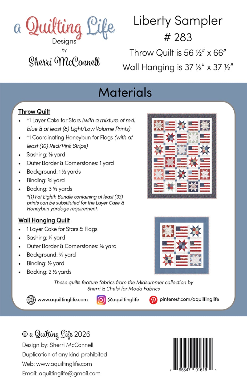 Back of the Liberty Sampler Quilt Pattern by Quilting Life Designs
