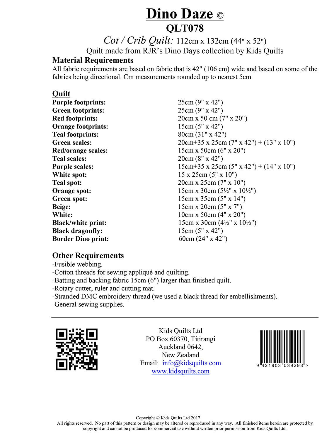 Back of the Dino Daze Quilt Pattern by Kids Quilts