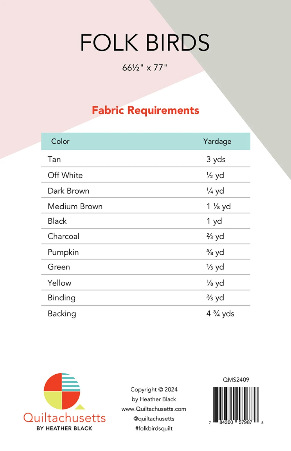 Back of the Folk Birds Quilt Pattern by Quiltachusetts