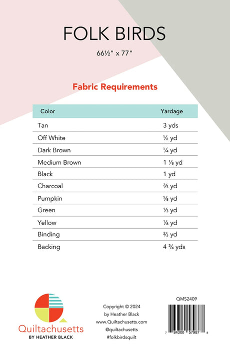 Back of the Folk Birds Quilt Pattern by Quiltachusetts