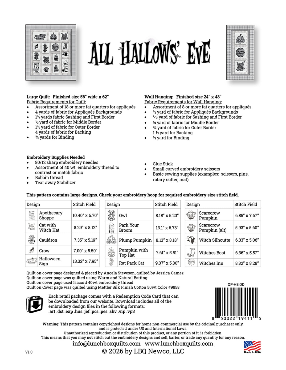 Back of the All Hallow's Eve Applique Machine Embroidery Quilt Pattern with Redemption Code Quilt Pattern by Lunch Box Quilts