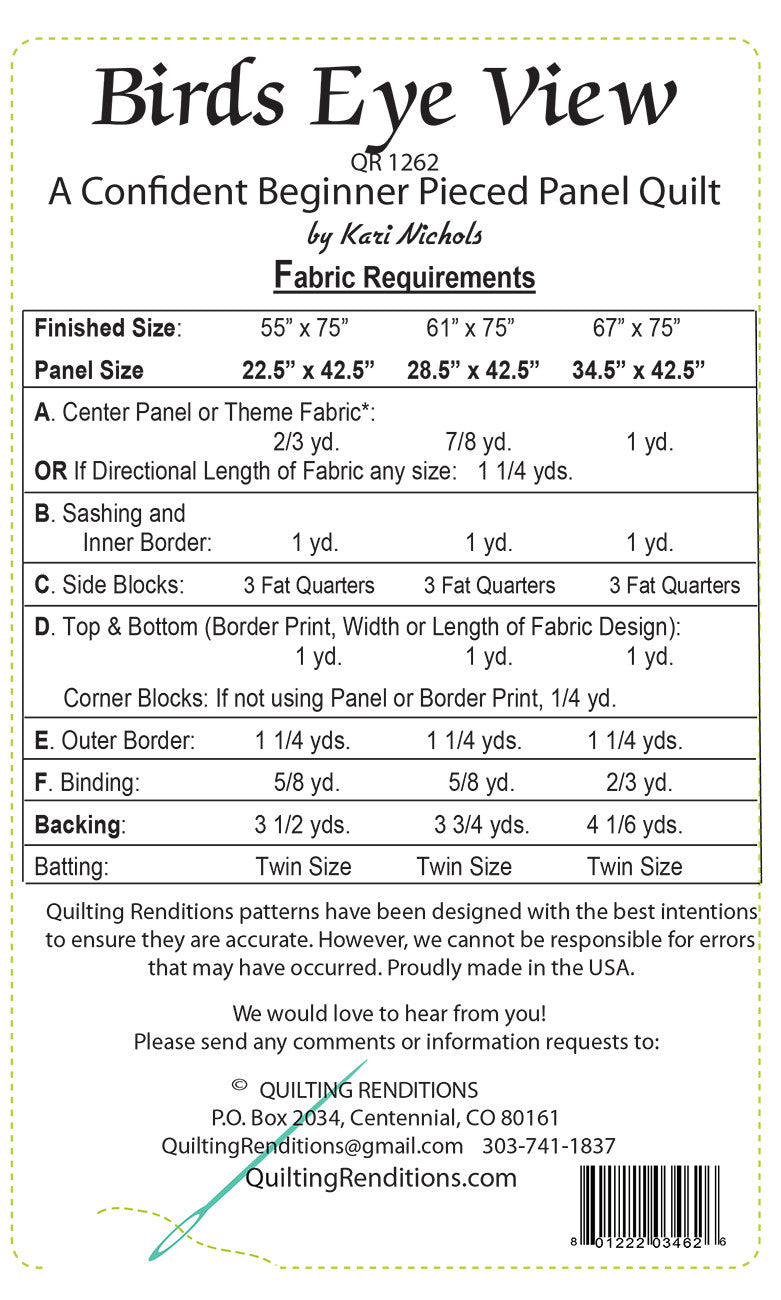 Back of the Birds Eye View Quilt Pattern by Quilting Renditions