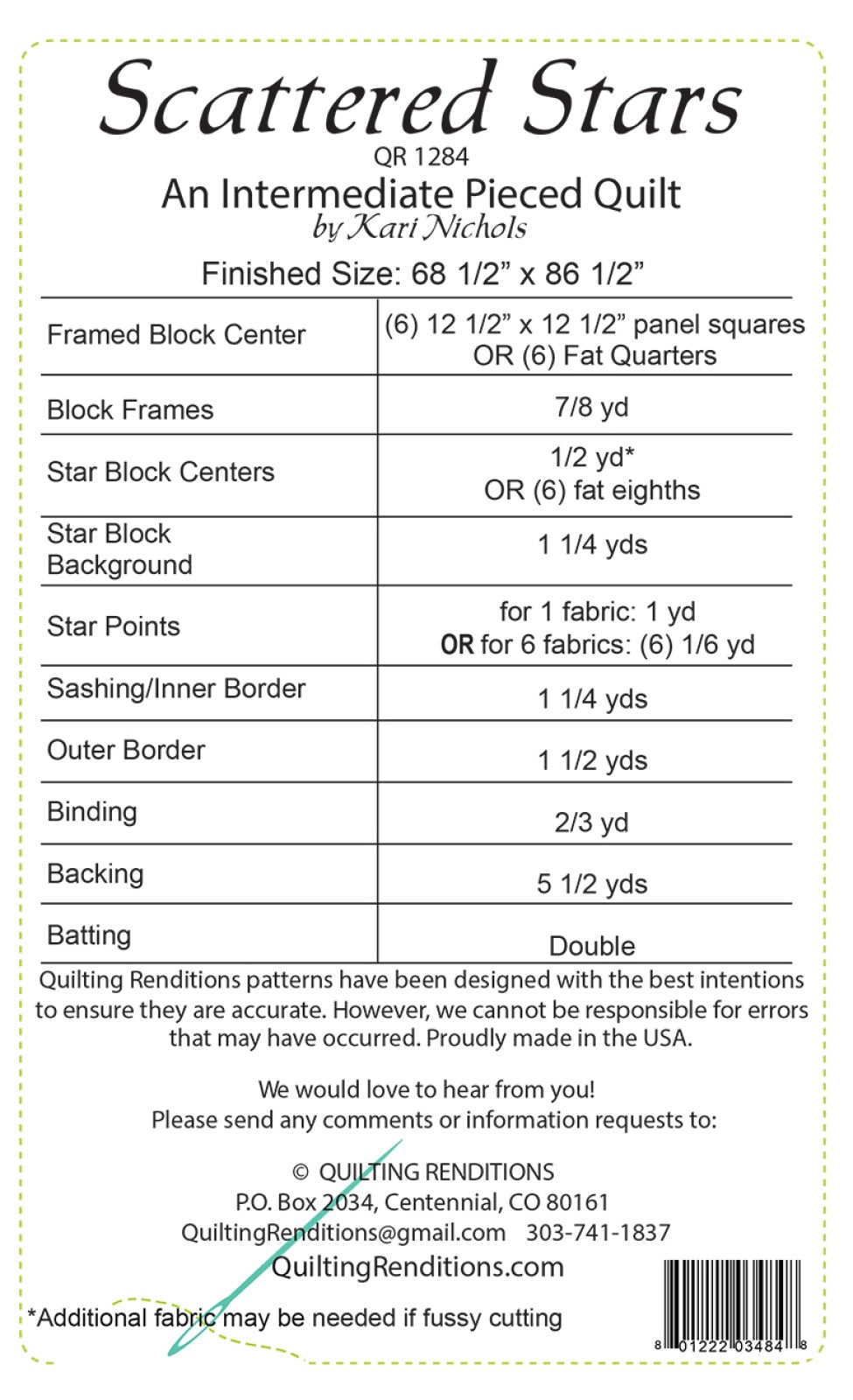 Back of the Scattered Stars Quilt Pattern by Quilting Renditions