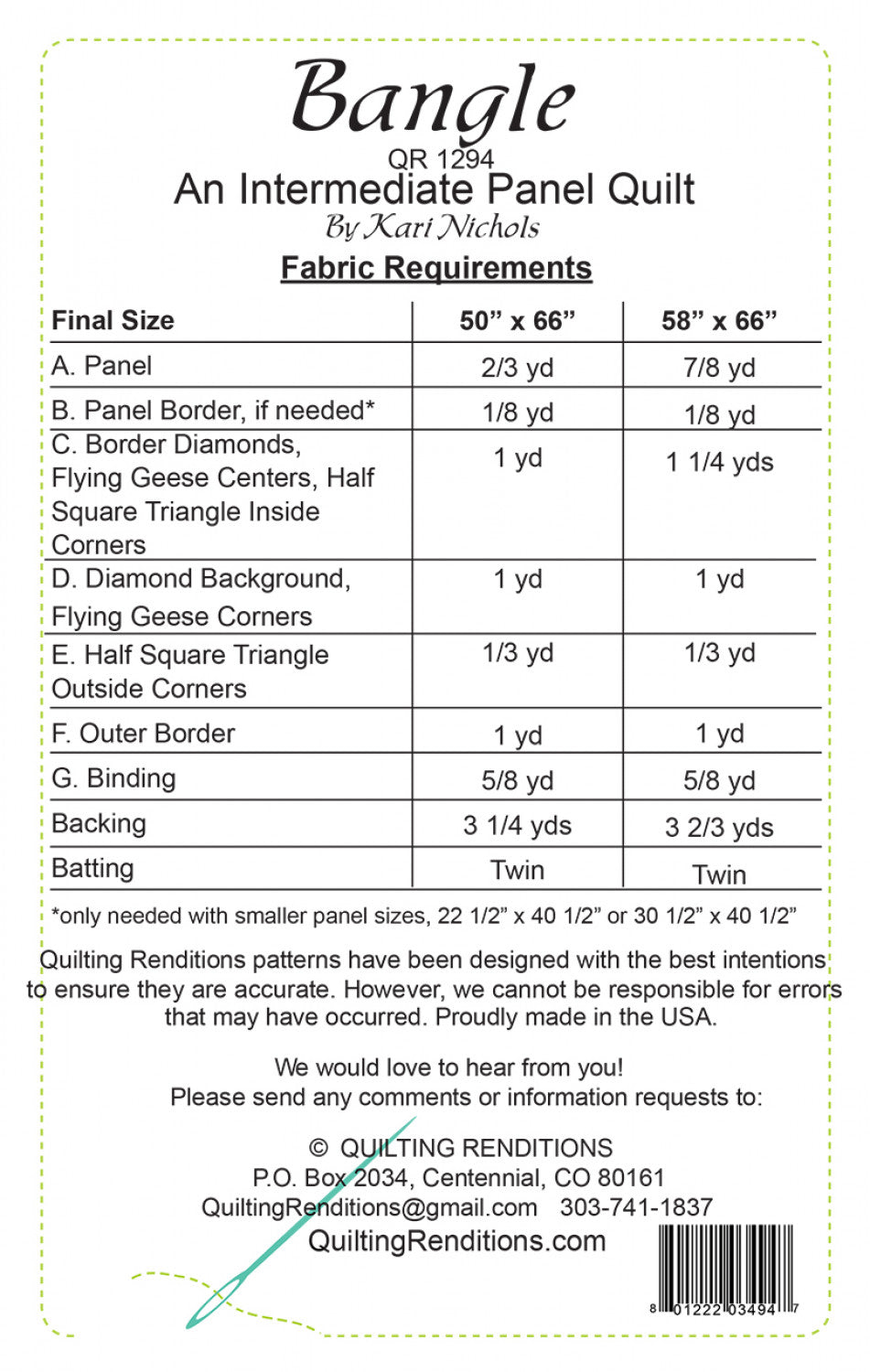 Back of the Bangle Quilt Pattern by Quilting Renditions