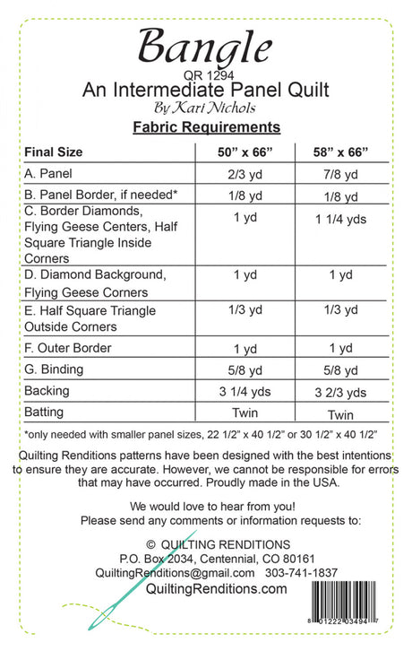 Back of the Bangle Quilt Pattern by Quilting Renditions