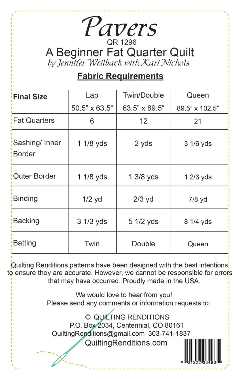 Back of the Pavers Quilt Pattern by Quilting Renditions