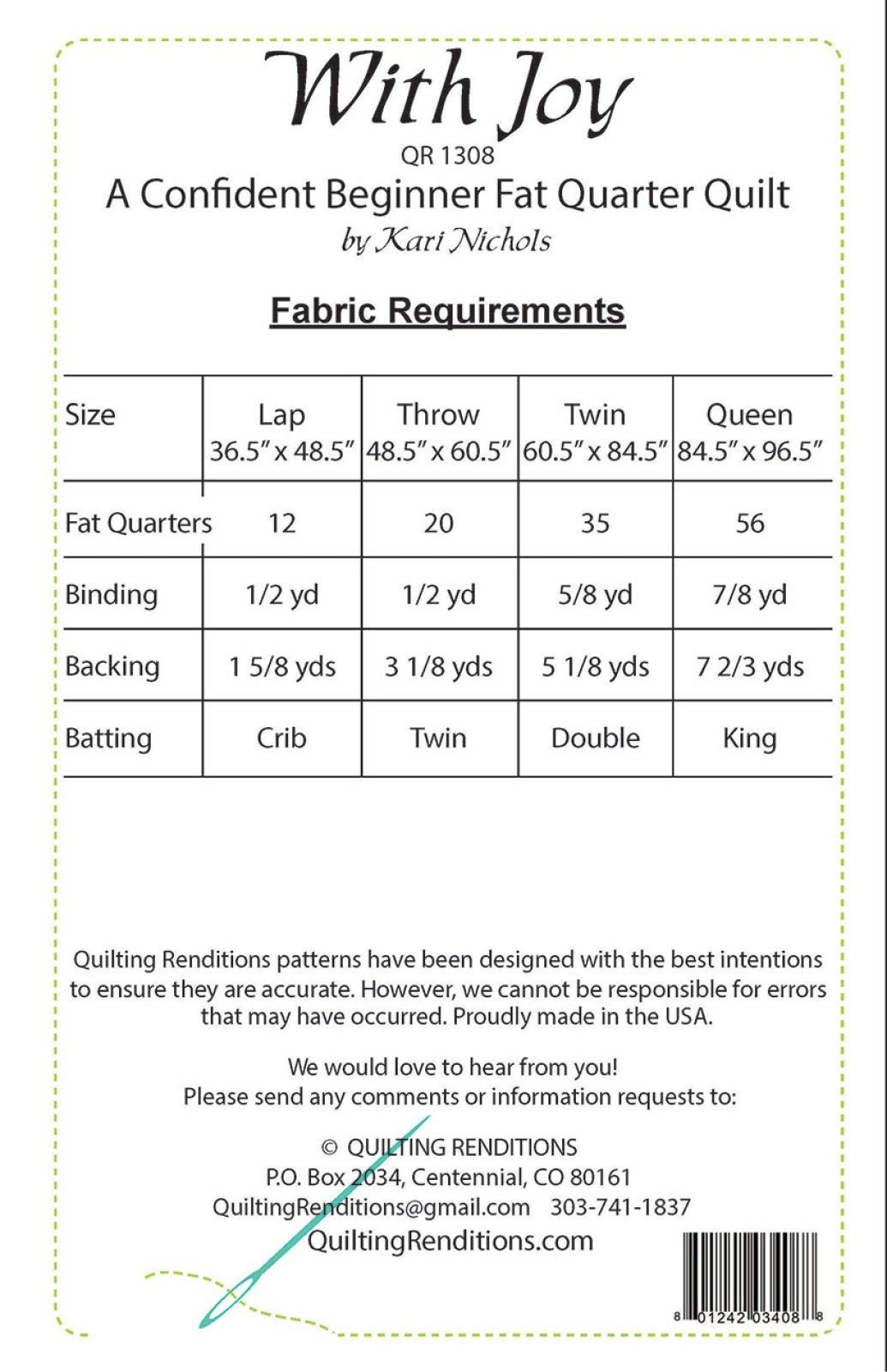 Back of the With Joy Quilt Pattern by Quilting Renditions