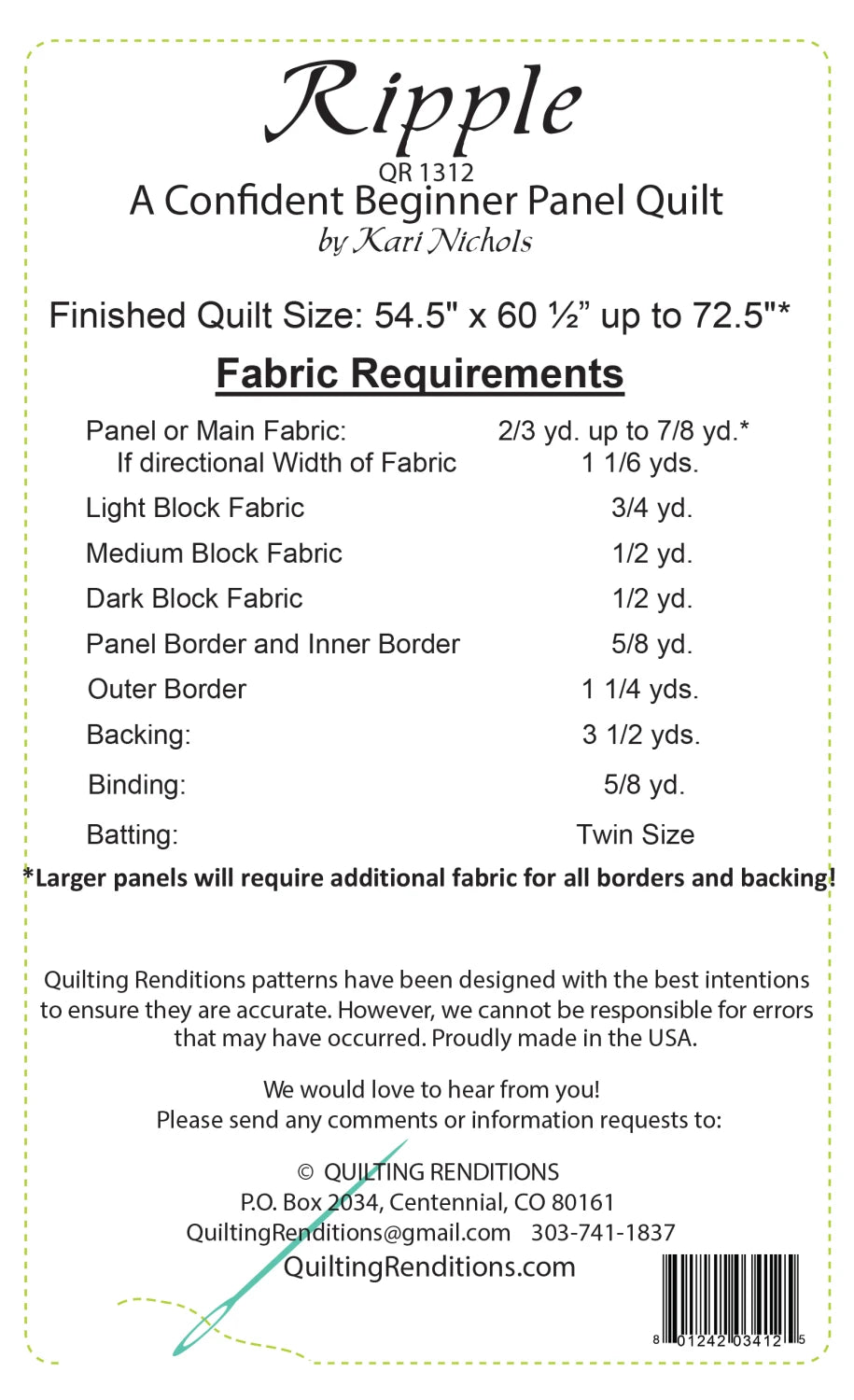 Back of the Beveled Quilt Pattern by Quilting Renditions