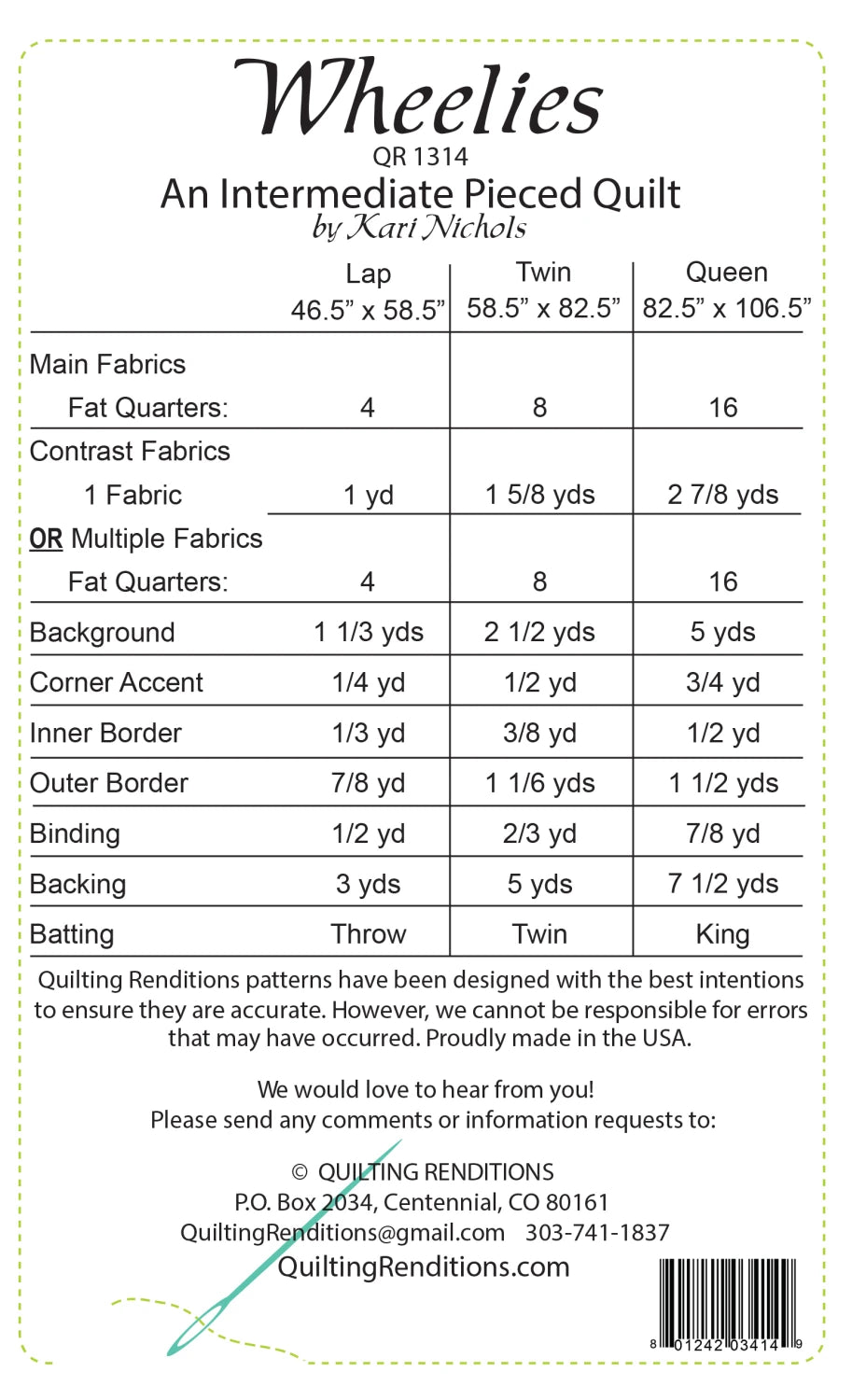Back of the Wheelies Quilt Pattern by Quilting Renditions