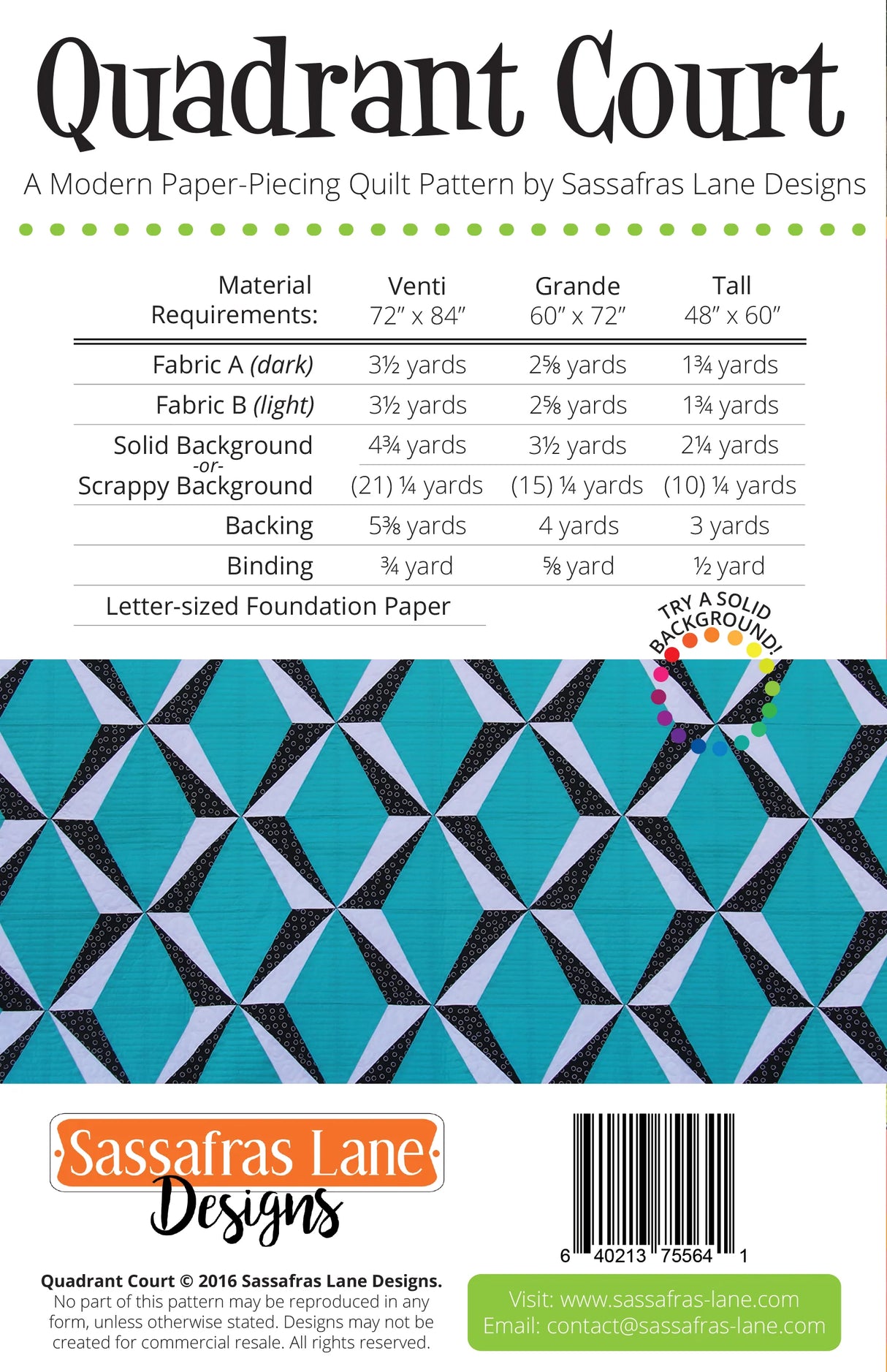 Back of the Quadrant Court Quilt Pattern by Sassafras Lane Designs