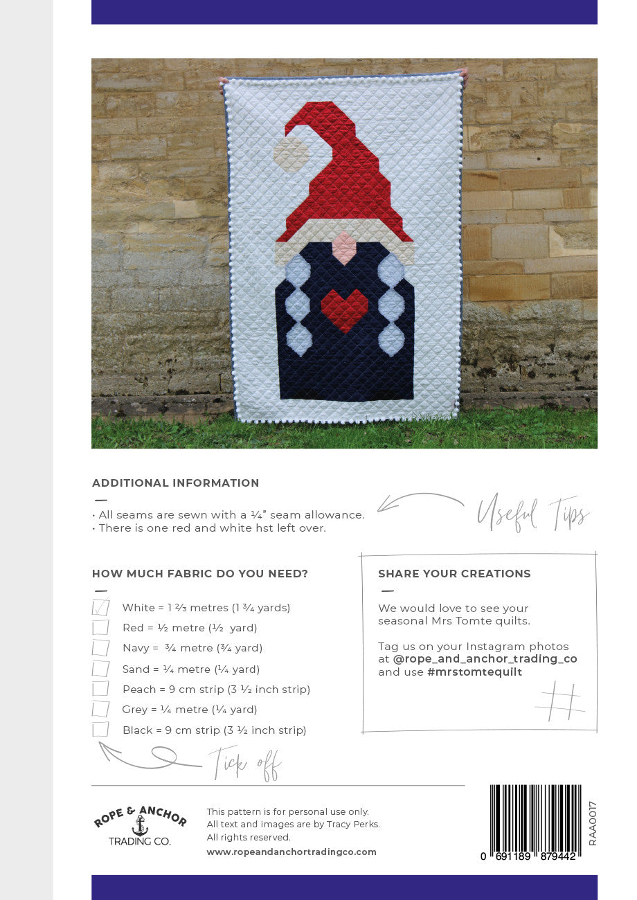 Back of the Mrs Tomte Quilt Pattern by Rope and Anchor Trading Co