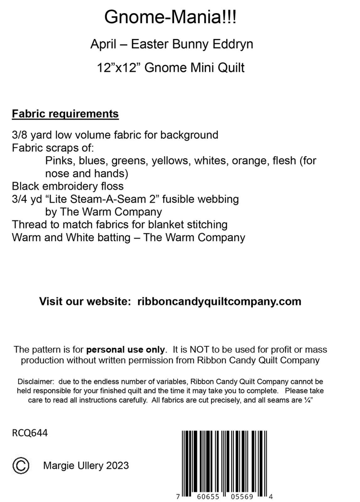 Back of the Gnome-Mania! April Easter Bunny Eddryn by Ribbon Candy Quilt Company