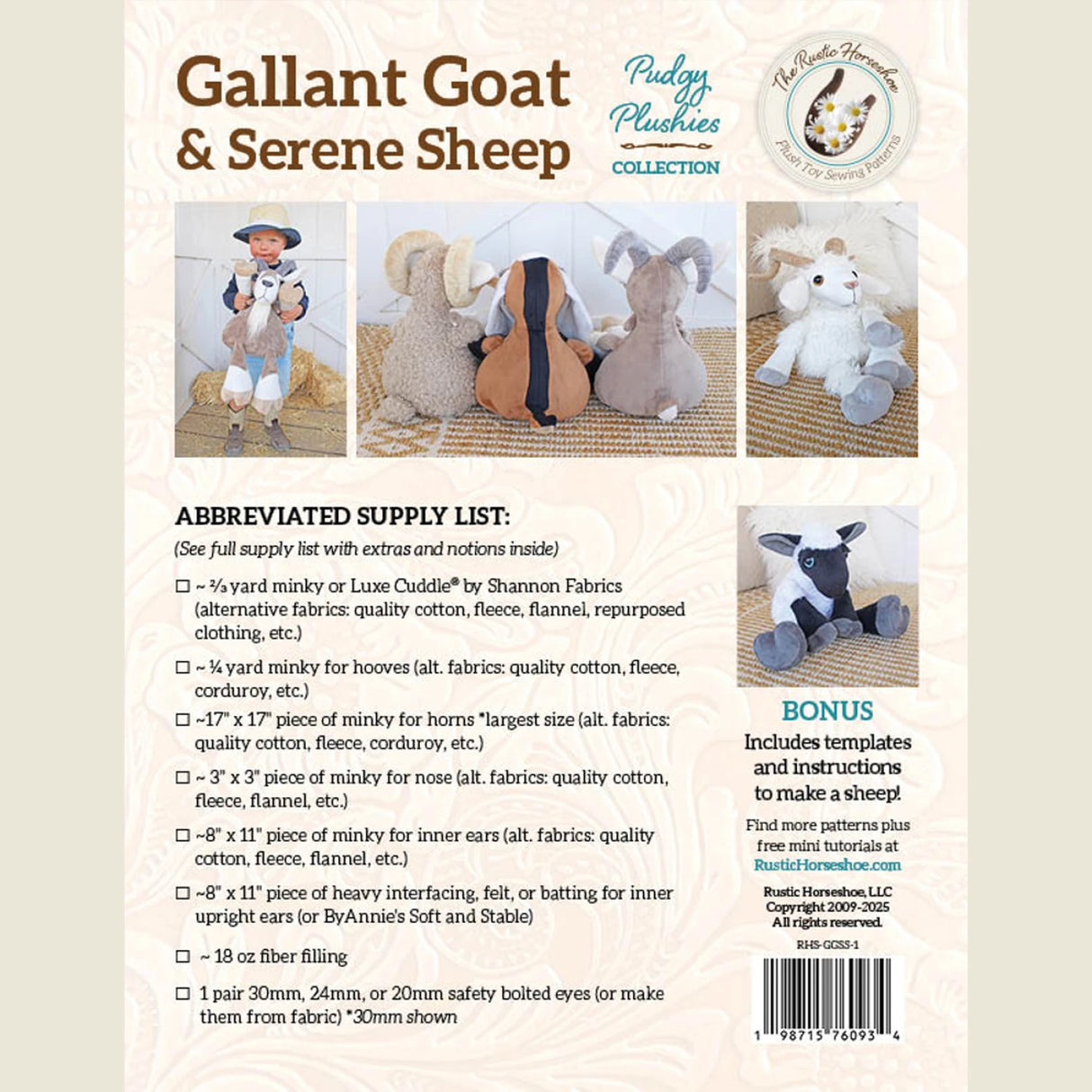 Back of the Gallant Goat and Serene Sheep Pudgy Plushie by Rustic Horseshoe