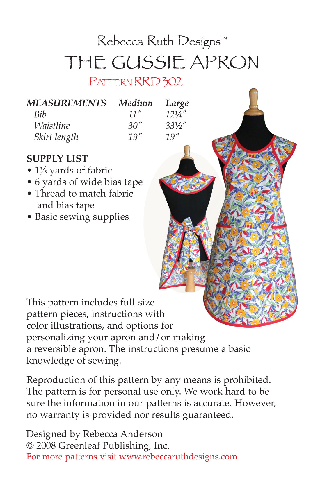 Back of the "Gussie" Apron Downloadable Pattern by Rebecca Ruth Designs