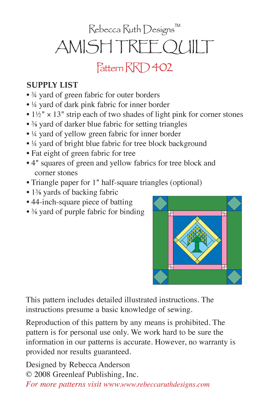 Back of the Amish Tree Quilt Pattern by Rebecca Ruth Designs