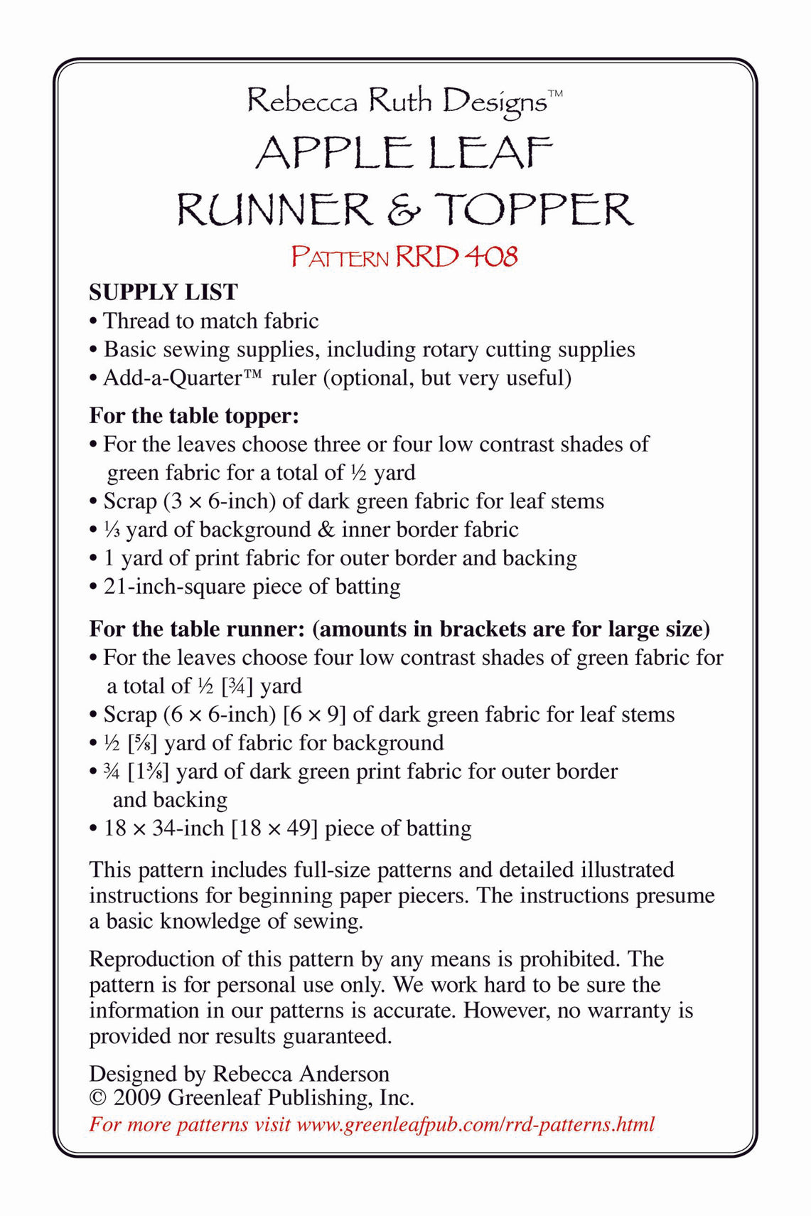 Back of the Apple Leaf Runner & Topper Quilt Pattern by Rebecca Ruth Designs