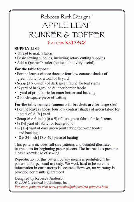 Back of the Apple Leaf Runner & Topper Quilt Pattern by Rebecca Ruth Designs