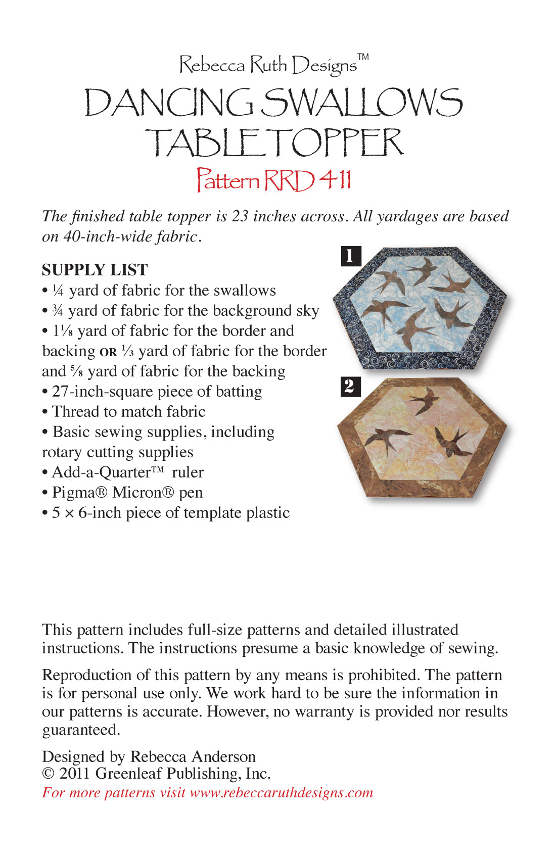 Back of the Dancing Swallows Table Topper Quilt Pattern by Rebecca Ruth Designs