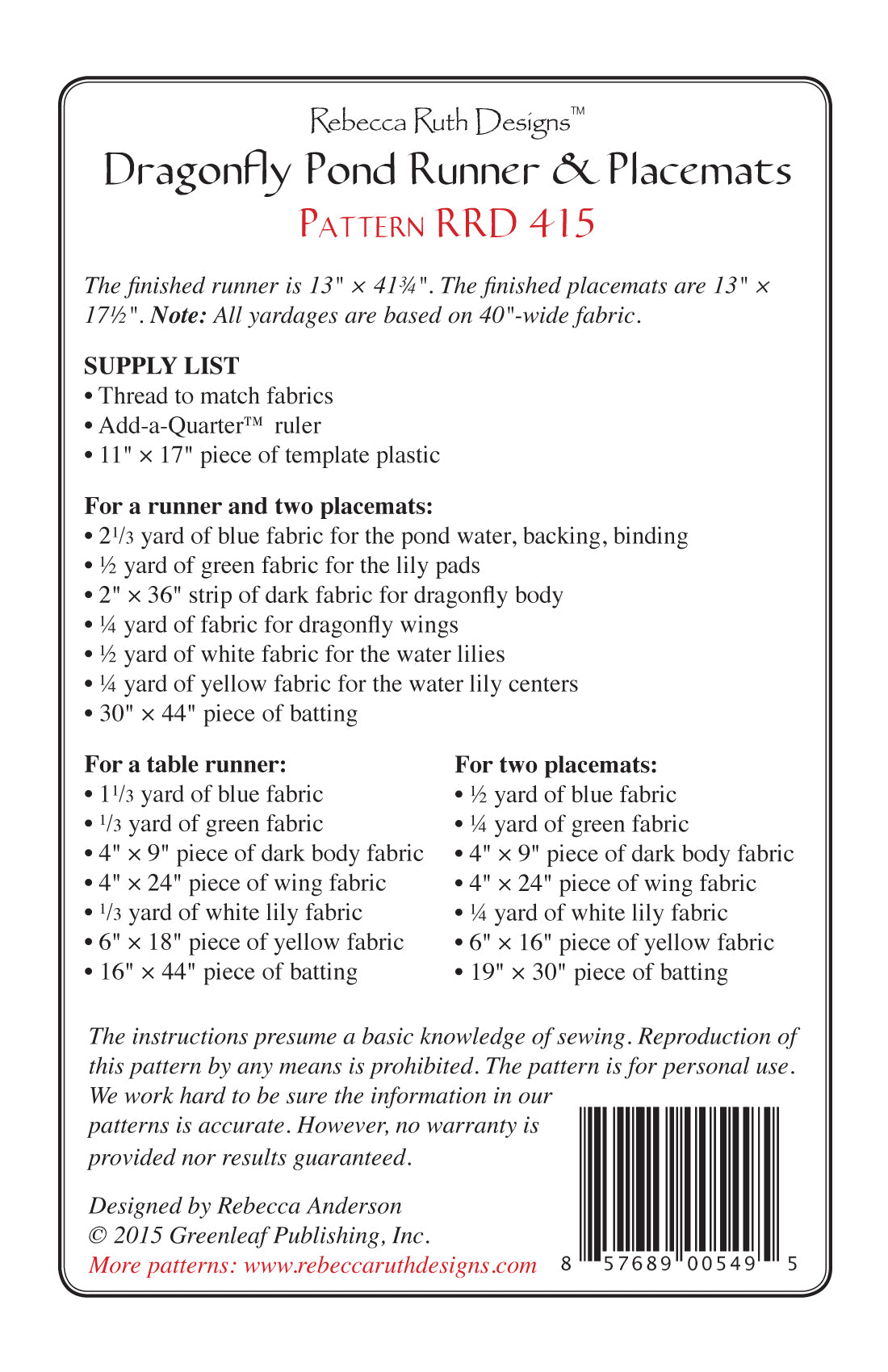 Back of the Dragonfly Pond Runner & Placemats Pattern by Rebecca Ruth Designs