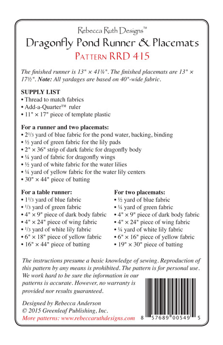 Back of the Dragonfly Pond Runner & Placemats Pattern by Rebecca Ruth Designs
