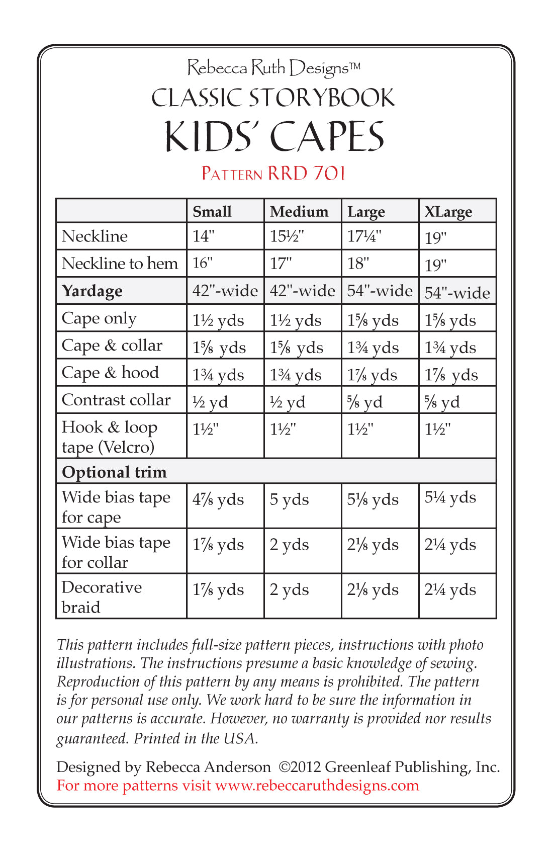 Back of the Kid's Capes Pattern by Rebecca Ruth Designs