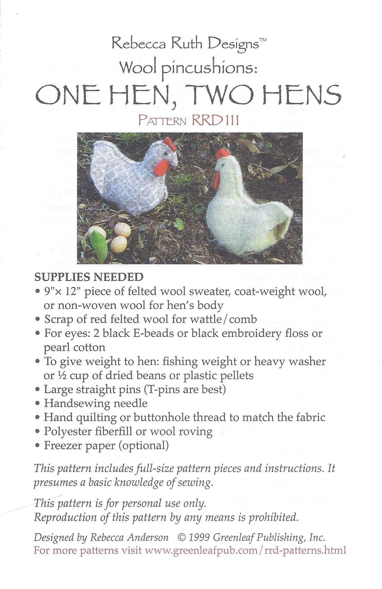 Back of the One Hen, Two Hens Downloadable Pattern by Rebecca Ruth Designs