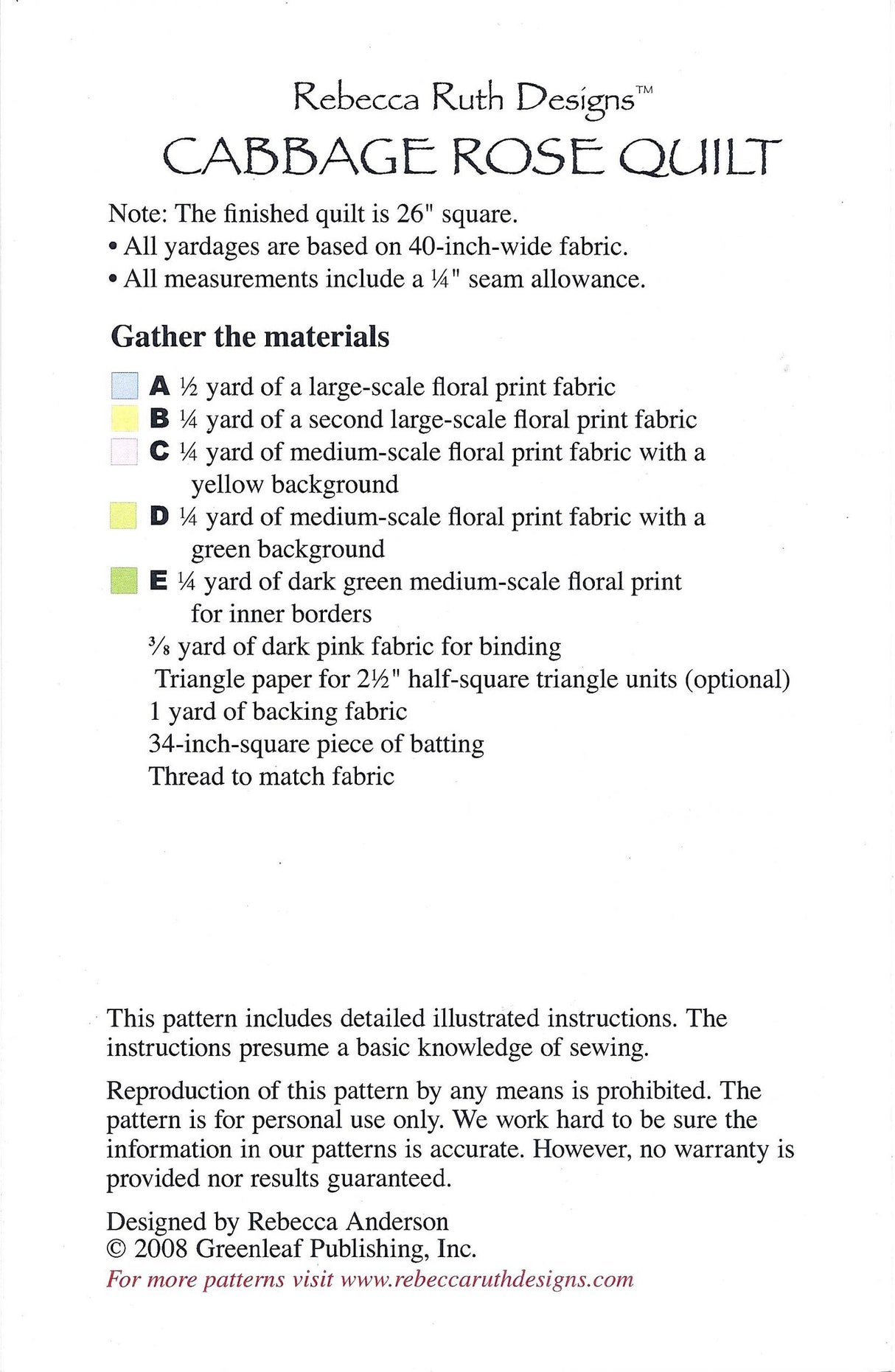 Back of the Cabbage Rose Quilt Pattern by Rebecca Ruth Designs