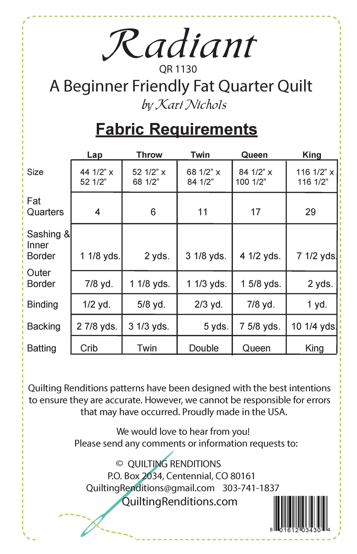 Back of the Radiant Downloadable Pattern by Quilting Renditions